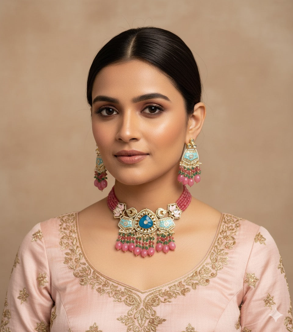 Mannat Meenakari Beaded Choker – Mint | Handcrafted Beaded Meenakari Necklace