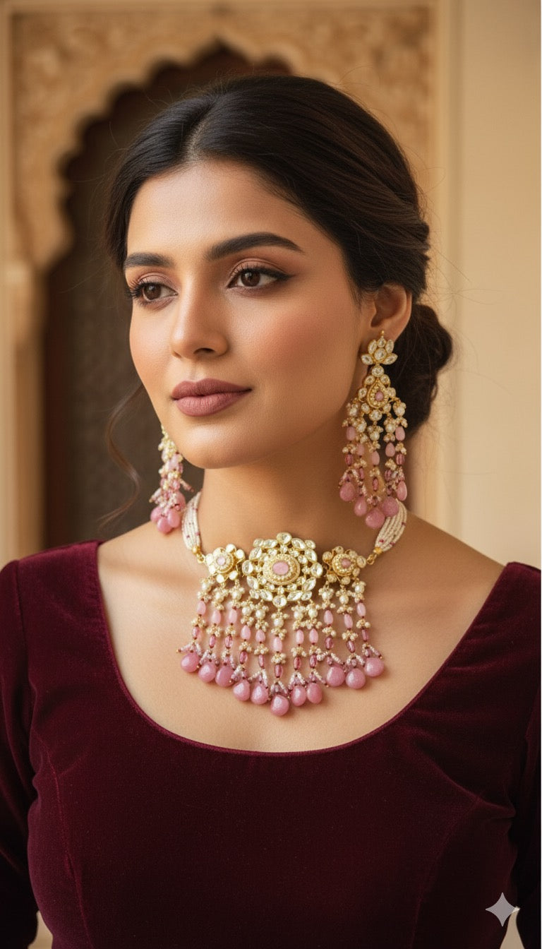 Tharsika Pachi Choker Set (Pink)