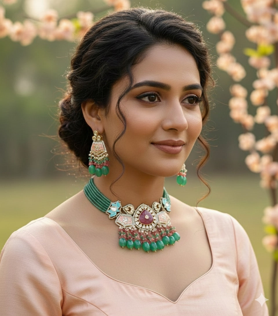 Mannat Meenakari Beaded Choker – Mint | Handcrafted Beaded Meenakari Necklace