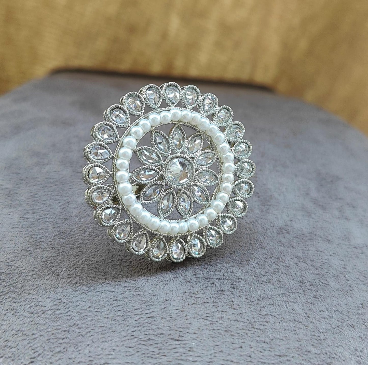 Aagya Floral Oversized Polki Ring (Silver)