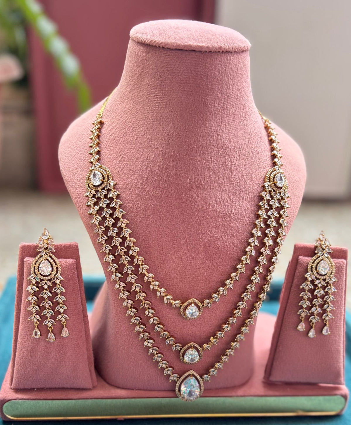 3-Layered AD Necklace Set | AD Necklace with Earrings