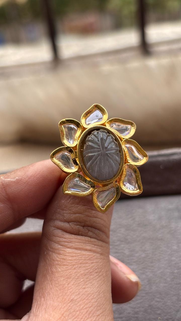 Medha Kundan Finger Ring - Grey