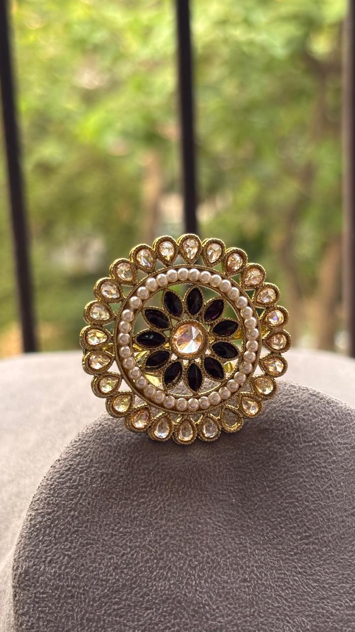 Aagya Floral Oversized Polki Ring (Black)