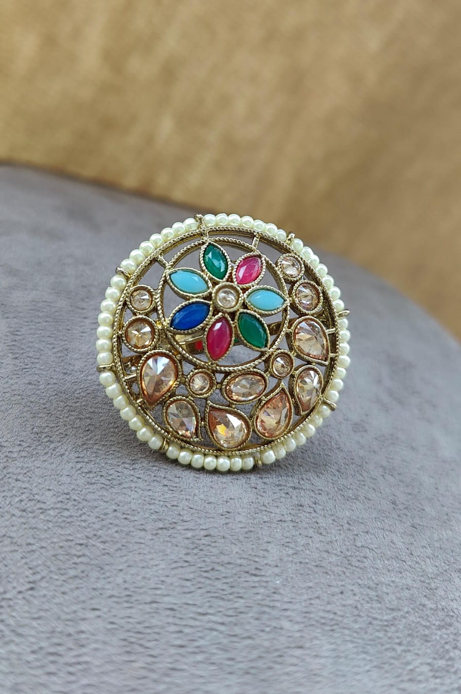 Kianshi Floral Oversized Polki Ring (Multi)