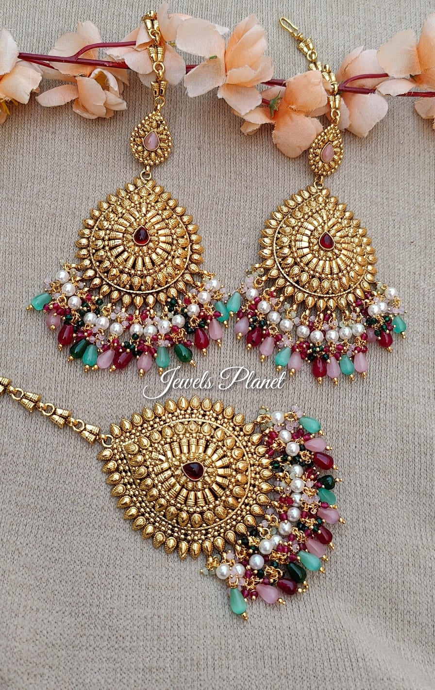 Gurjeet Oversized Gold Earrings Tikka