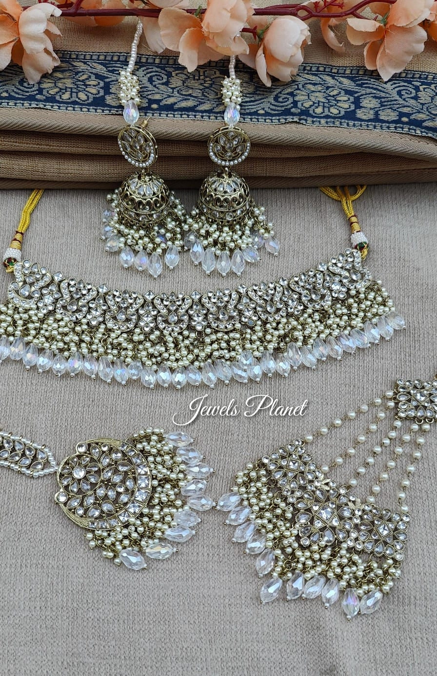 Aisha Bridal Jhumar Choker Set White Stone - Main Image