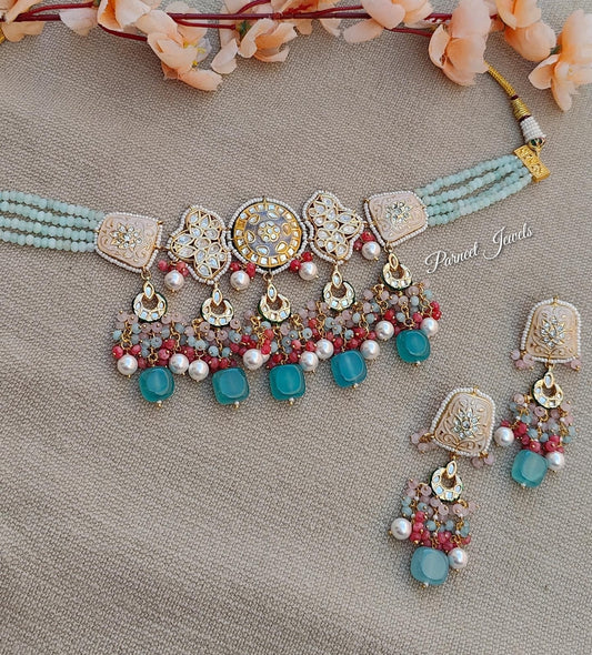 Sonam Meenakari Beaded Choker (Aqua Blue)