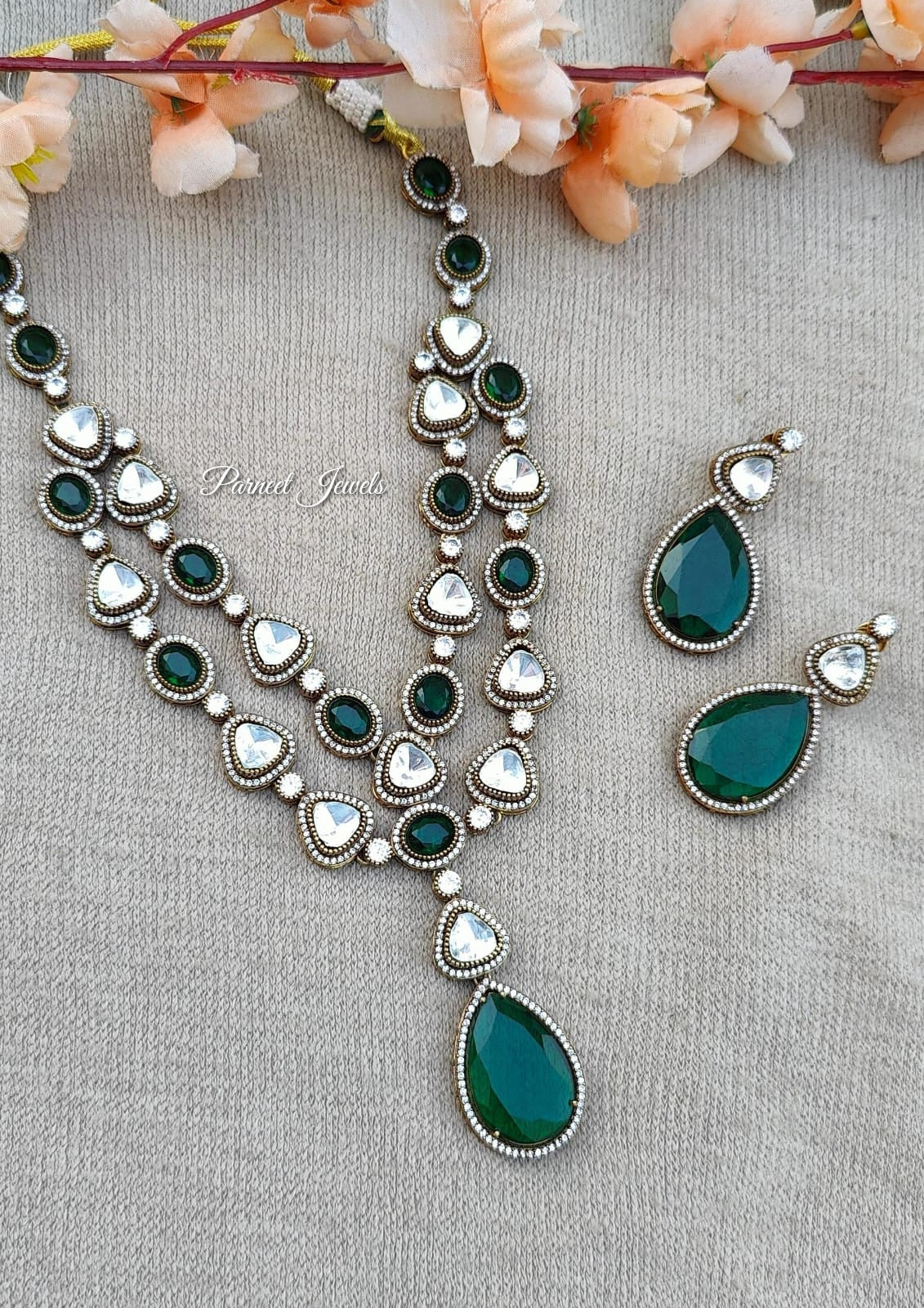 Adhya Long Necklace Set (Green)