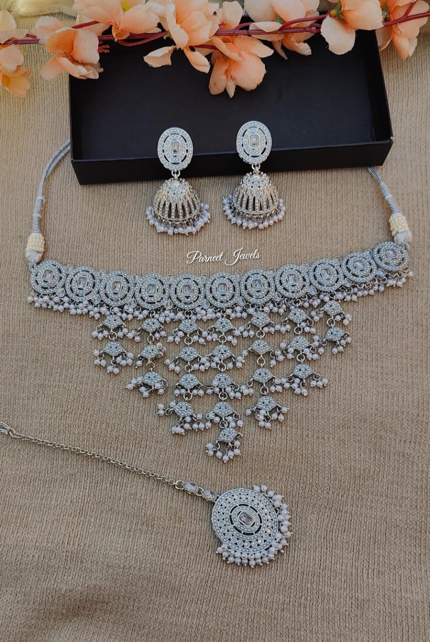 Saba Polki Choker Set (Silver)