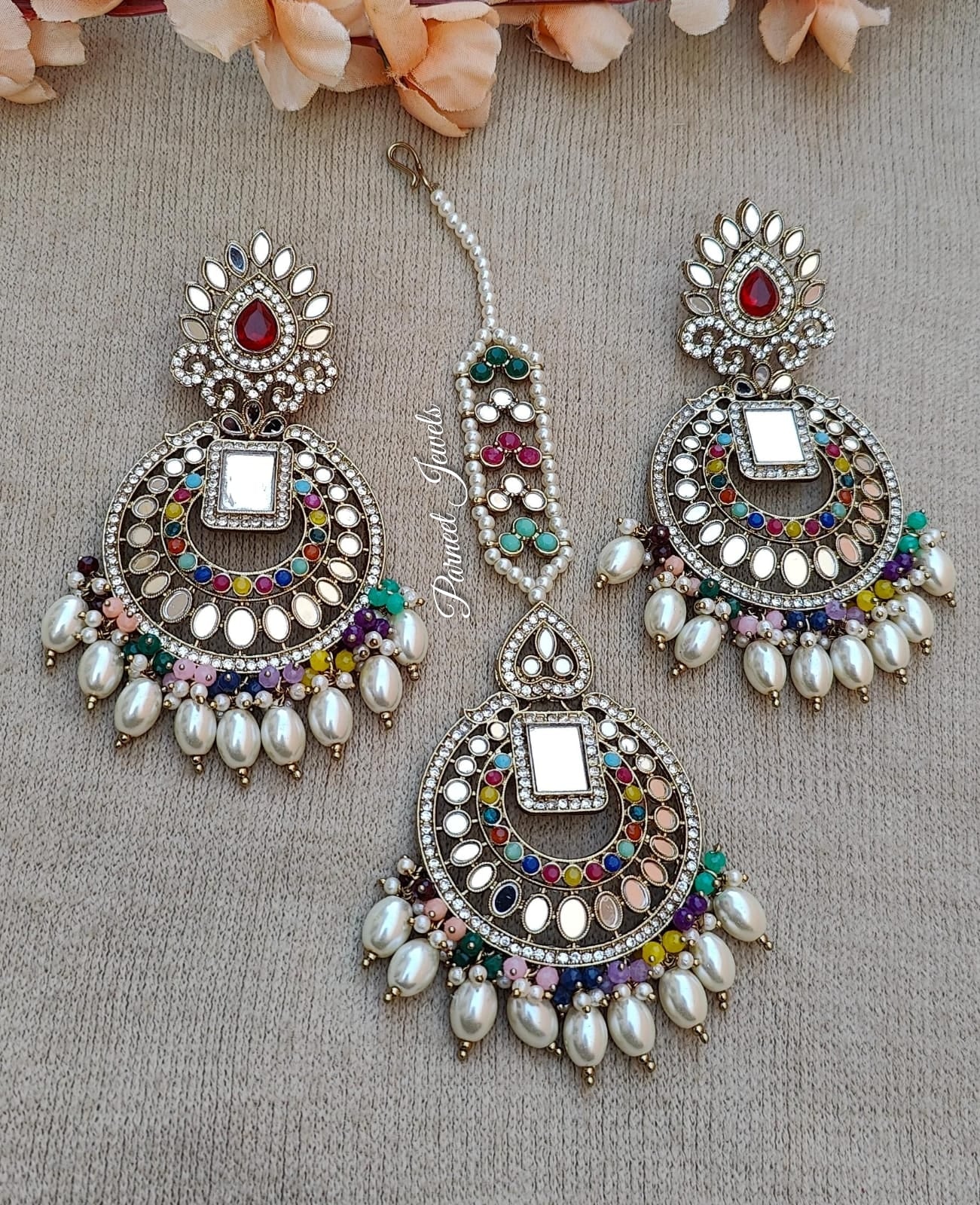 Shipra Oversized Mirror  Earrings Tikka