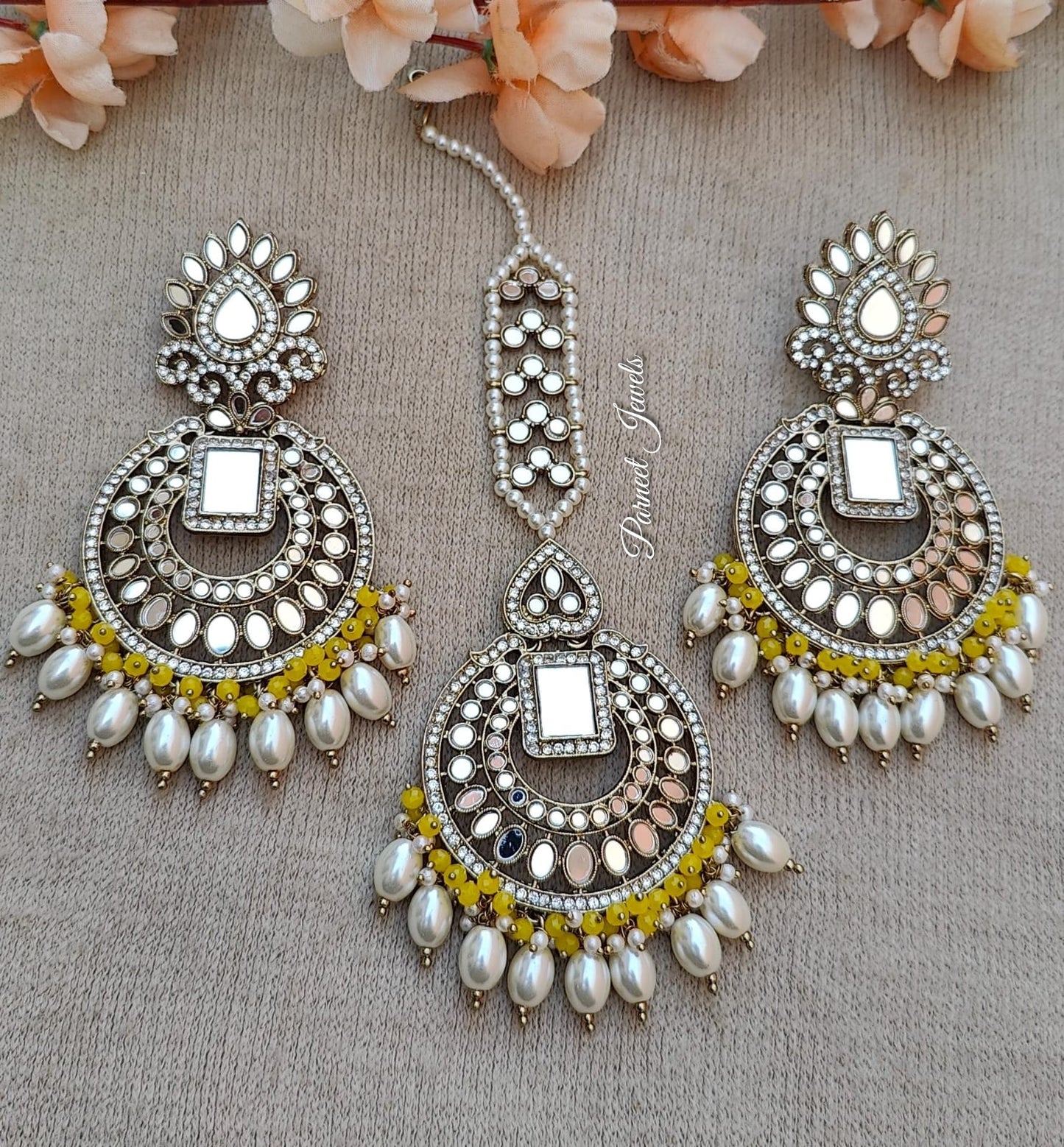 Shipra Oversized Mirror  Earrings Tikka