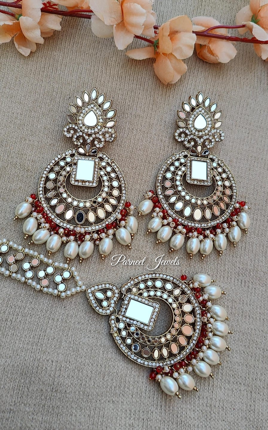 Shipra Oversized Mirror  Earrings Tikka