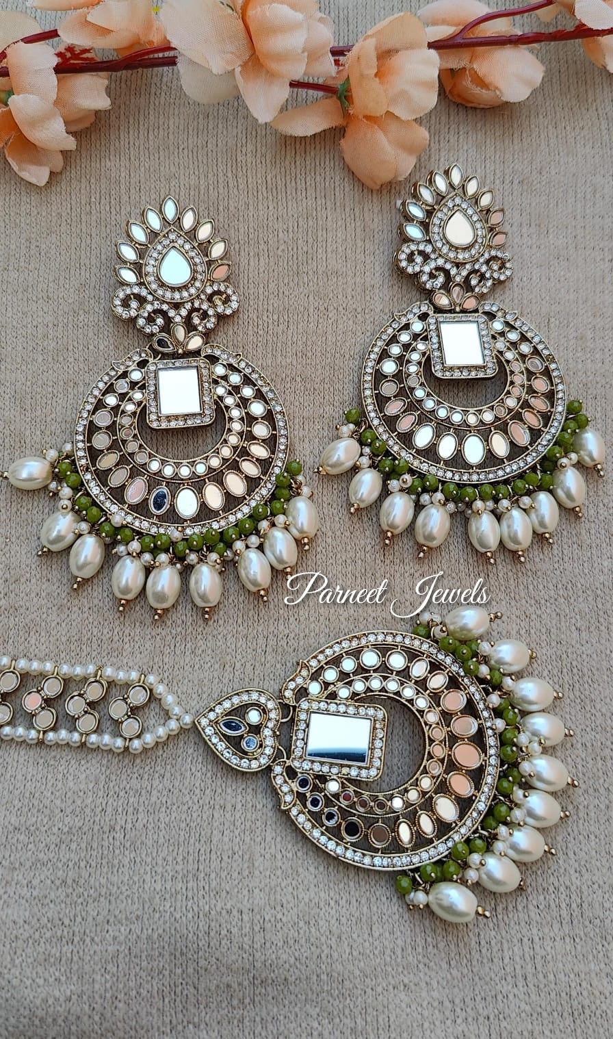 Shipra Oversized Mirror  Earrings Tikka