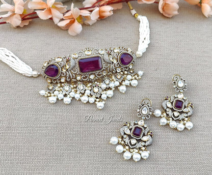 Reema Moissanite Beaded Choker Set (Purple)