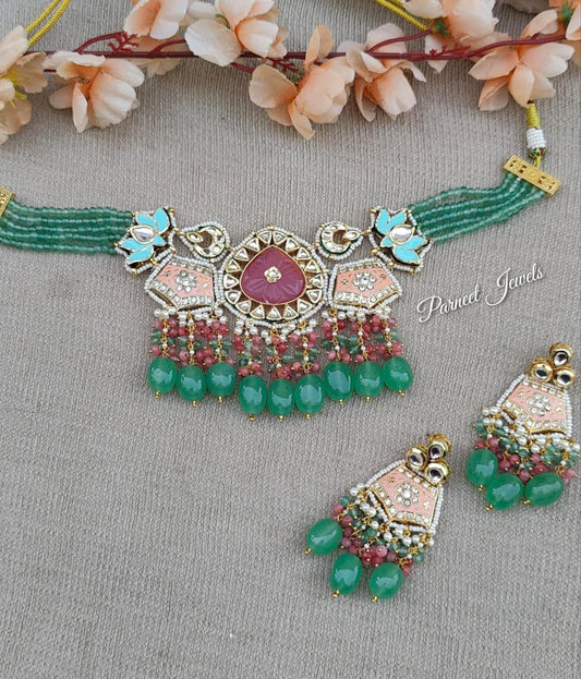 Mannat Meenakari Beaded Choker – Mint | Handcrafted Beaded Meenakari Necklace
