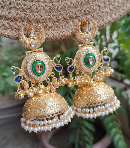 Krishika Gold Brass Jhumkas | Handcrafted Traditional Big Jhumka Earrings