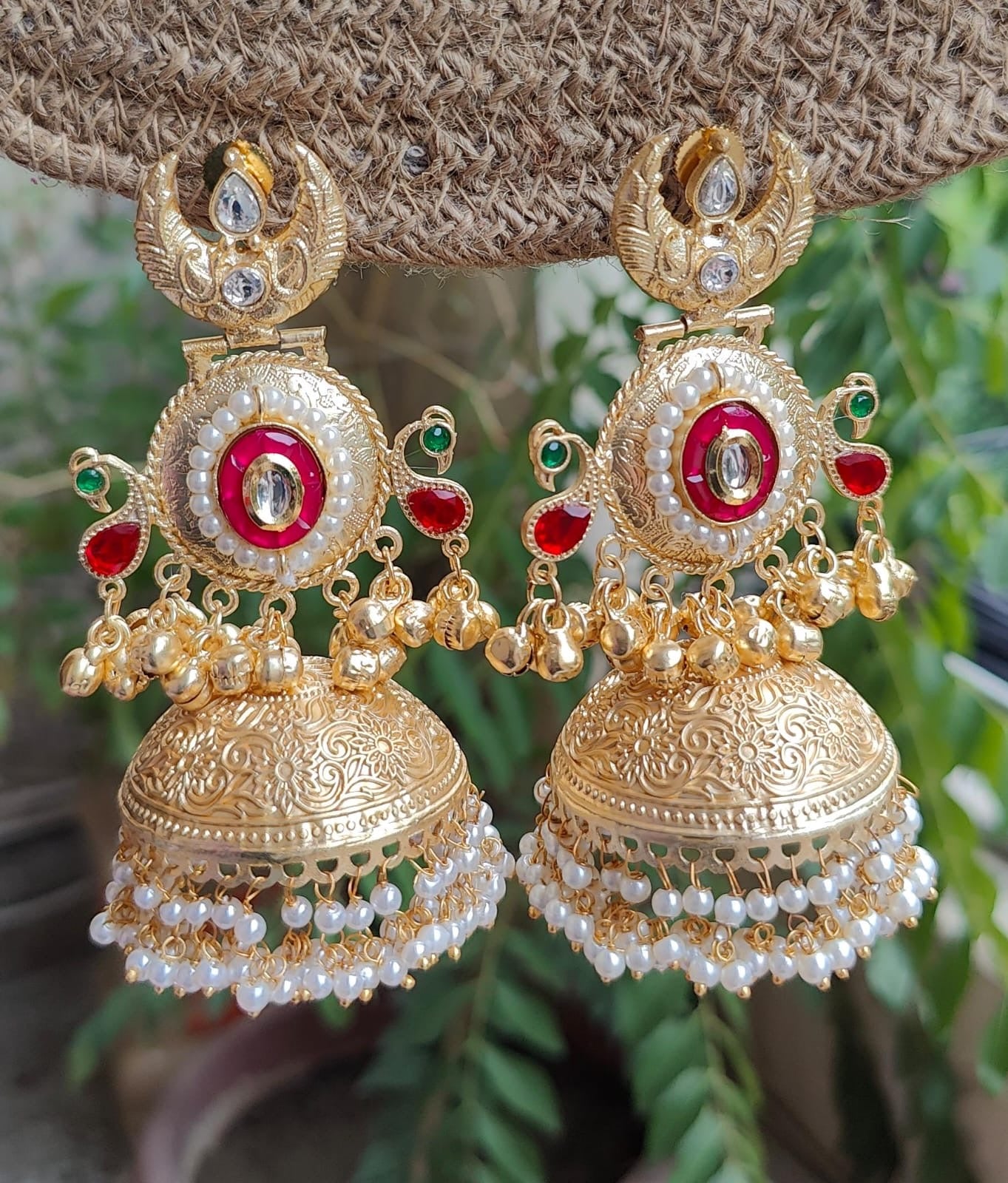 Krishika Gold Brass Jhumkas | Handcrafted Traditional Big Jhumka Earrings