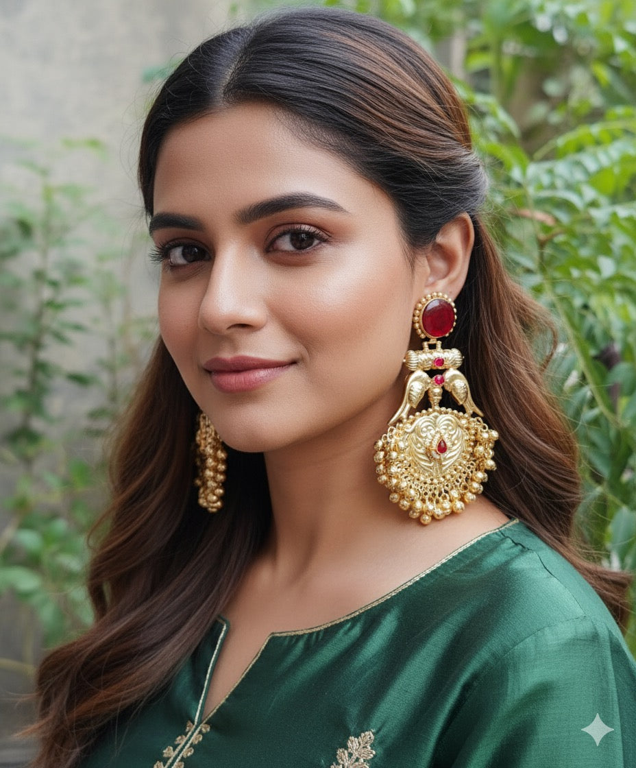 Ruchi Gold Brass Earrings | Handcrafted Traditional Big Statement Earrings