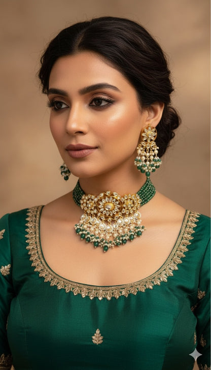Deepali Pachi Kundan Choker Set (Green)