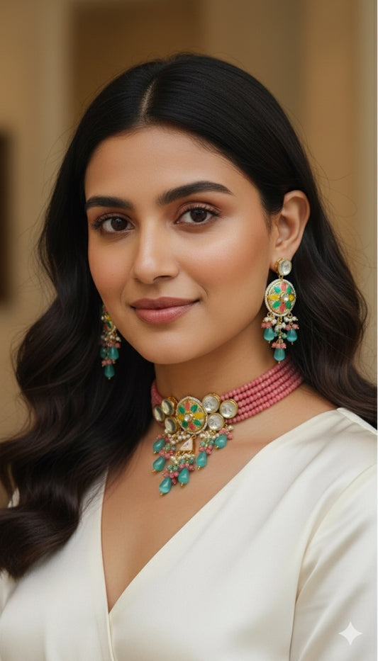 Neha Meenakari Beaded Choker (Pink)