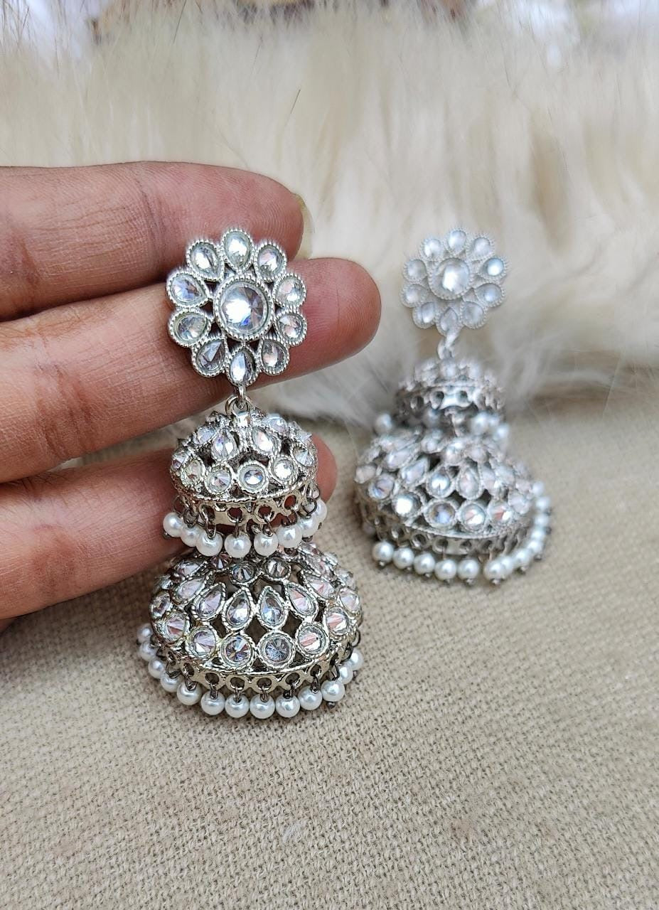 Remya Silver Double Medium Polki Jhumkas