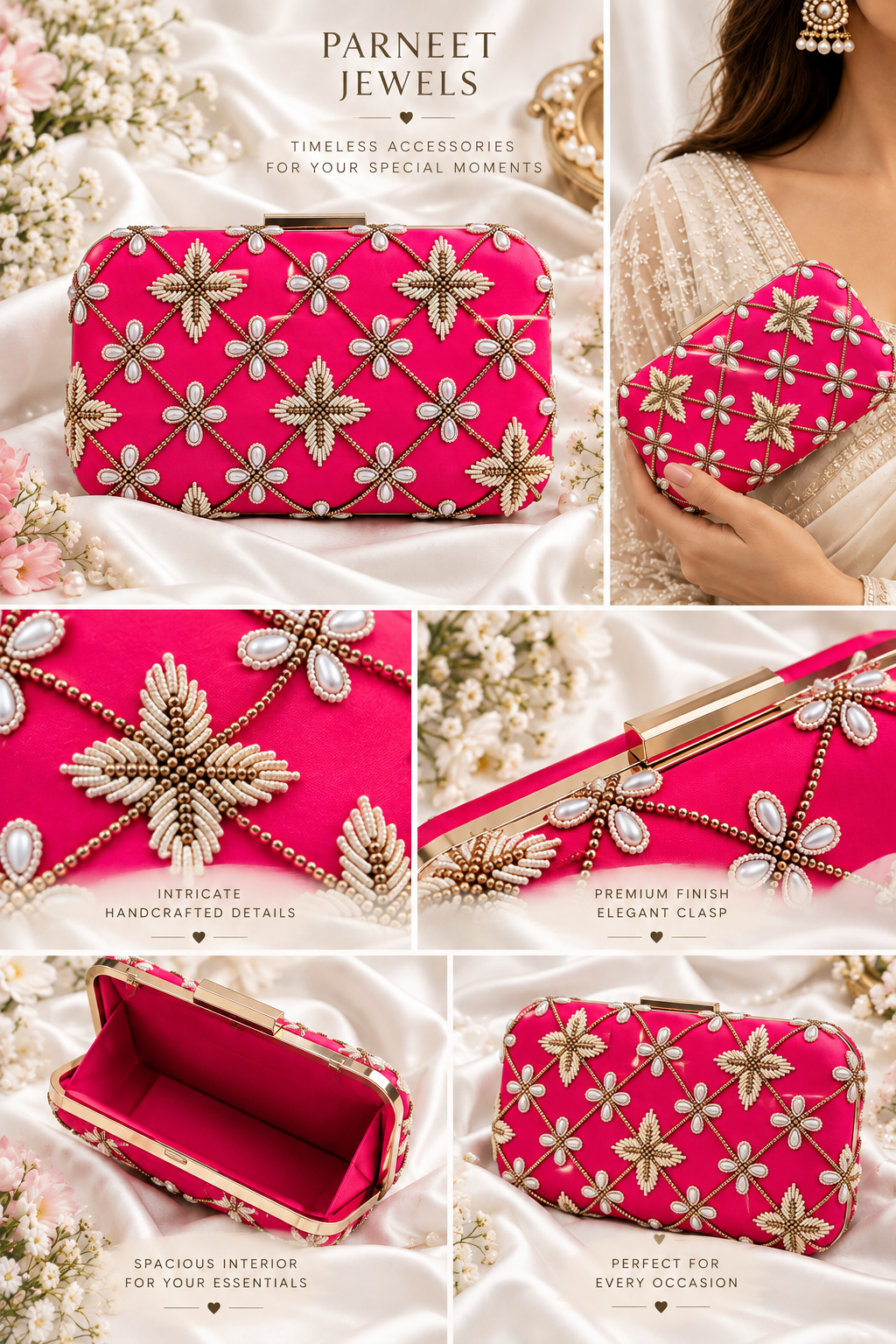 Amita hot pink embroidered box clutch with floral detailing and chain