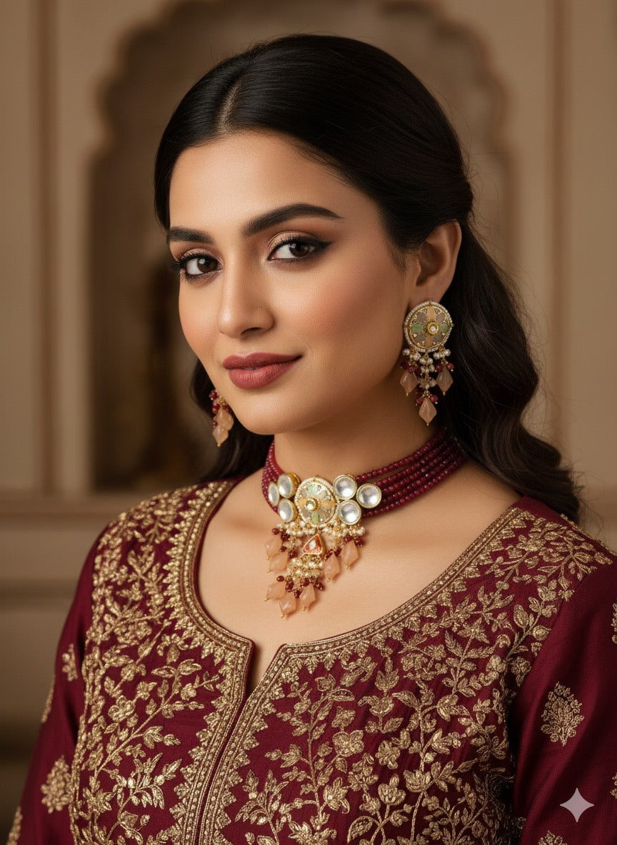 Neha Meenakari Beaded Choker (Maroon)