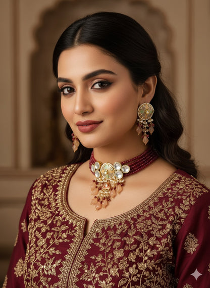 Neha Meenakari Beaded Choker (Maroon)