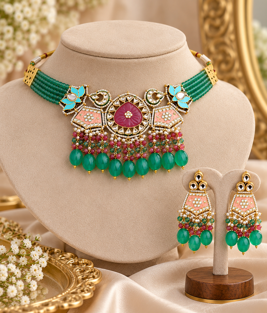 Mannat Meenakari Beaded Choker – Mint | Handcrafted Beaded Meenakari Necklace