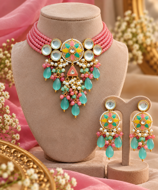 Neha Meenakari Beaded Choker (Pink)