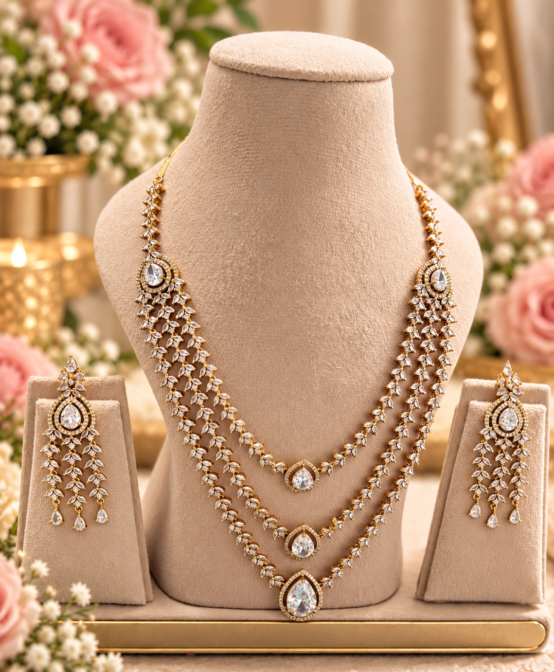 3-Layered AD Necklace Set | AD Necklace with Earrings
