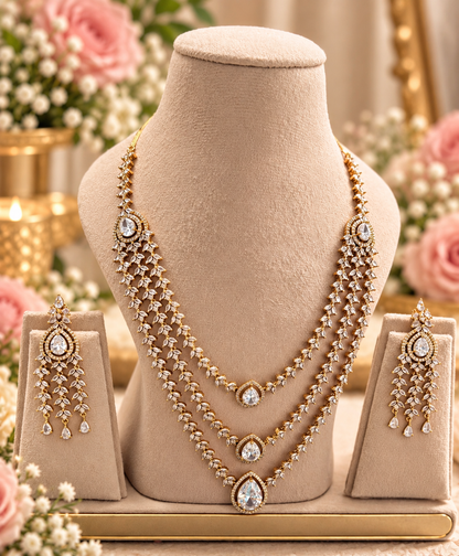 3-Layered AD Necklace Set | AD Necklace with Earrings