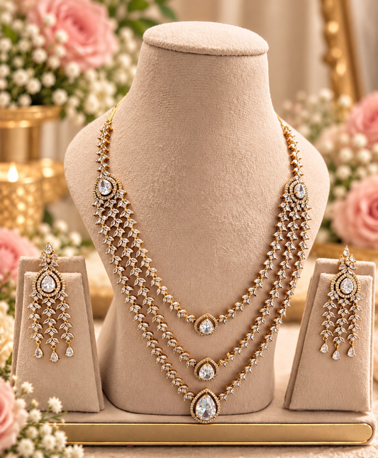3-Layered AD Necklace Set | AD Necklace with Earrings