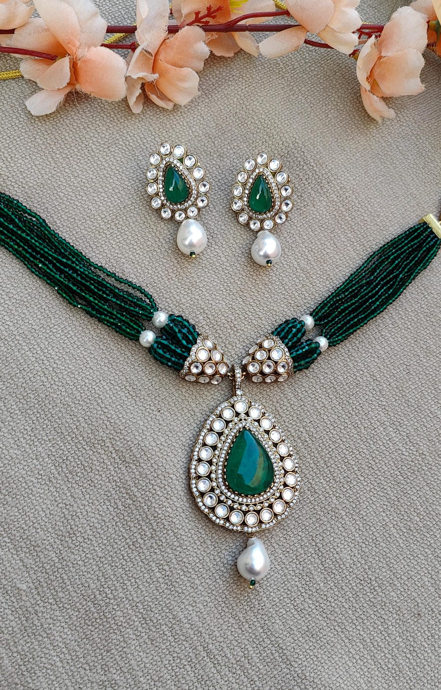 Zaiba Moissanite Beaded Necklace Set (Green)