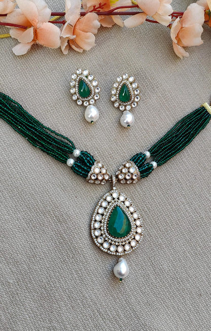 Zaiba Moissanite Beaded Necklace Set (Green)