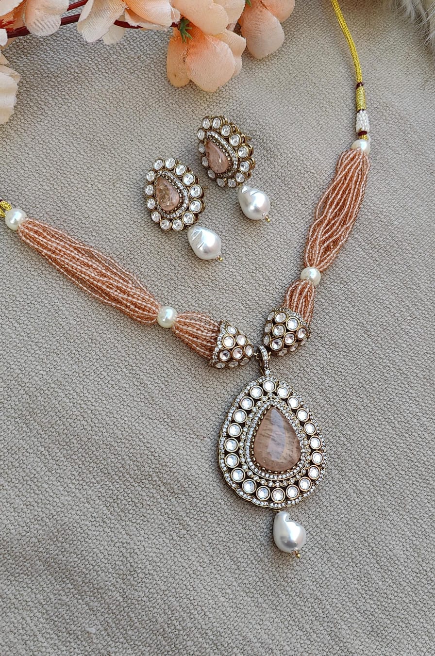 Zaiba Moissanite Beaded Necklace Set (Peach)