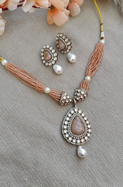 Zaiba Moissanite Beaded Necklace Set (Peach)