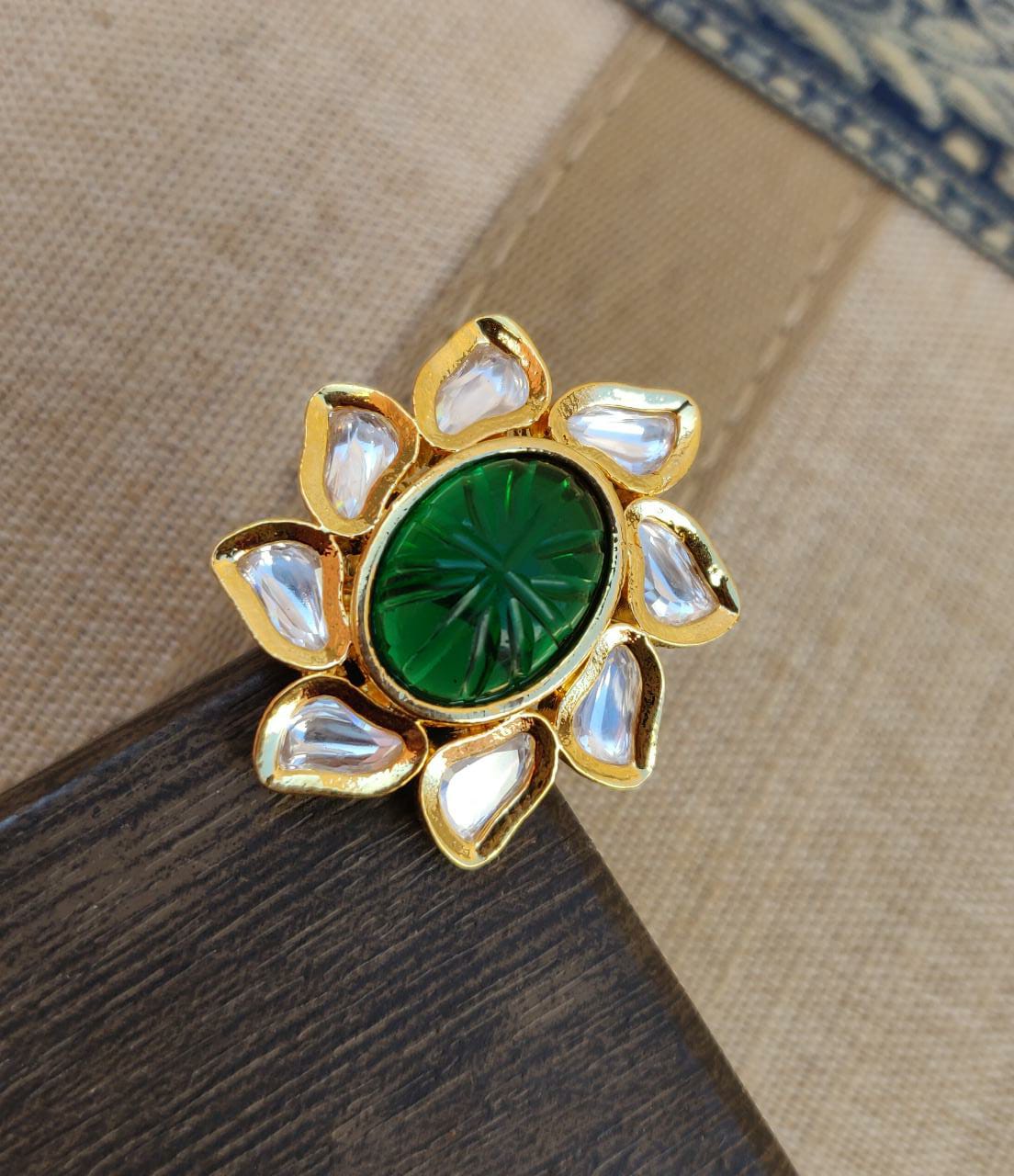 Medha Kundan Finger Ring - Green