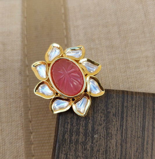 Medha Kundan Finger Ring - Pink