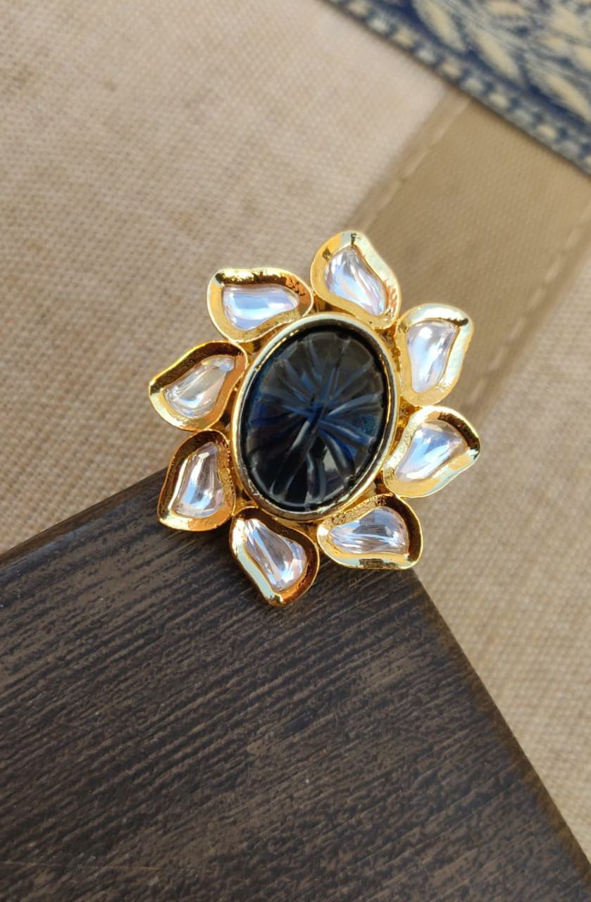 Medha Kundan Finger Ring - Navy Blue