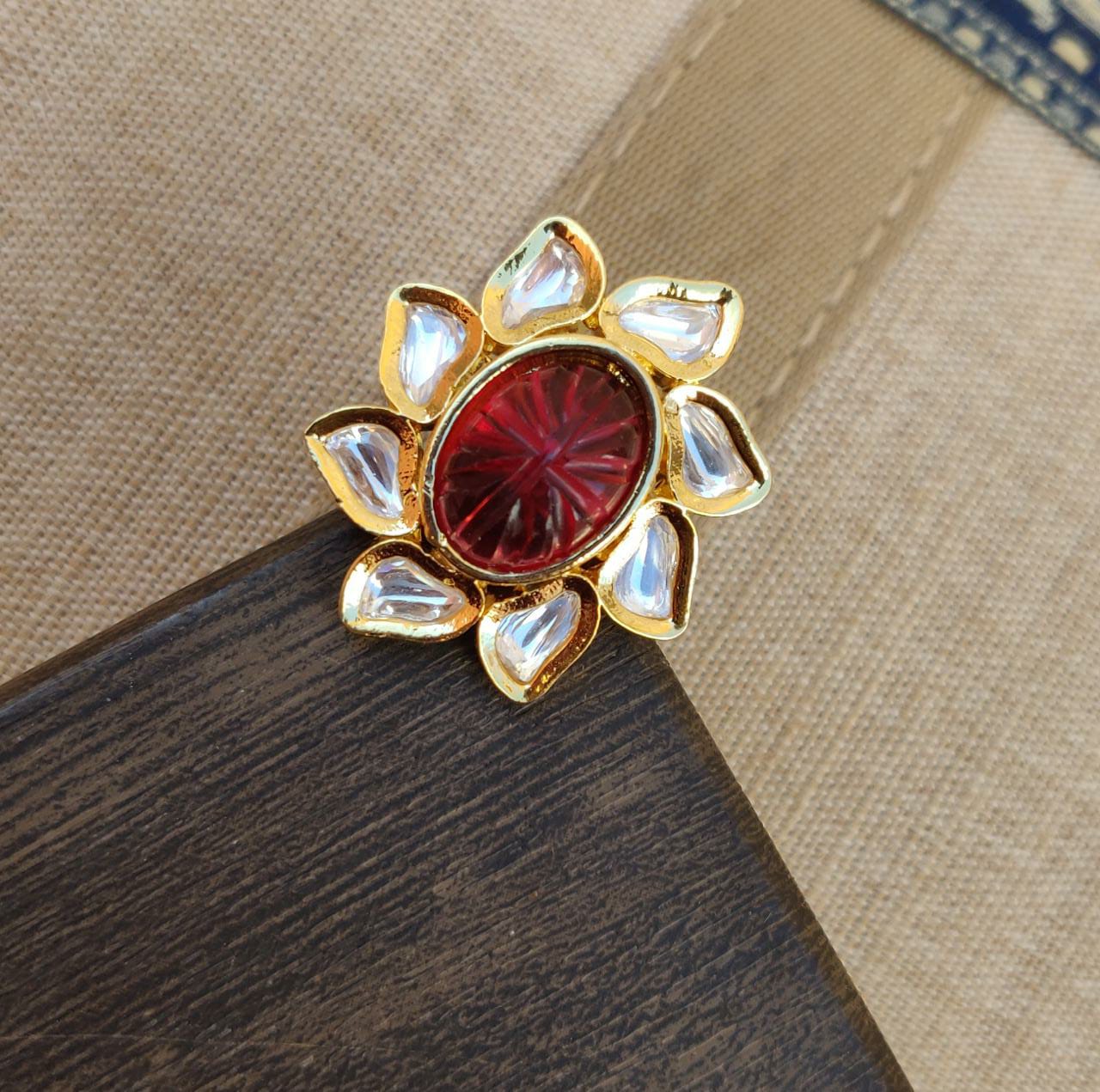 Medha Kundan Finger Ring - Ruby Maroon