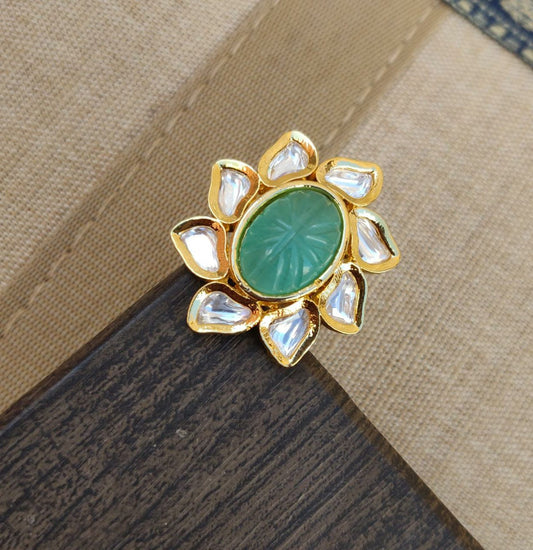 Medha Kundan Finger Ring - Mint