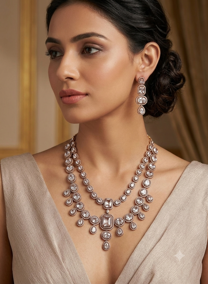 2-Layered AD Necklace Set | AD Necklace with Earrings
