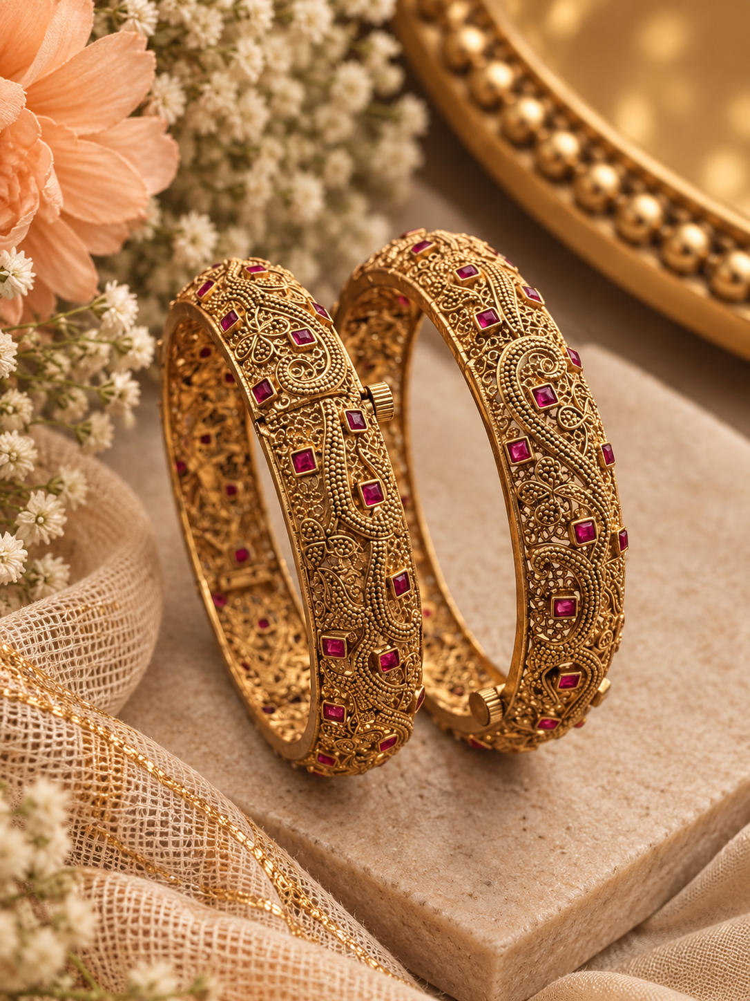 Kashvi Gold Bangles/Kadey (Ruby)