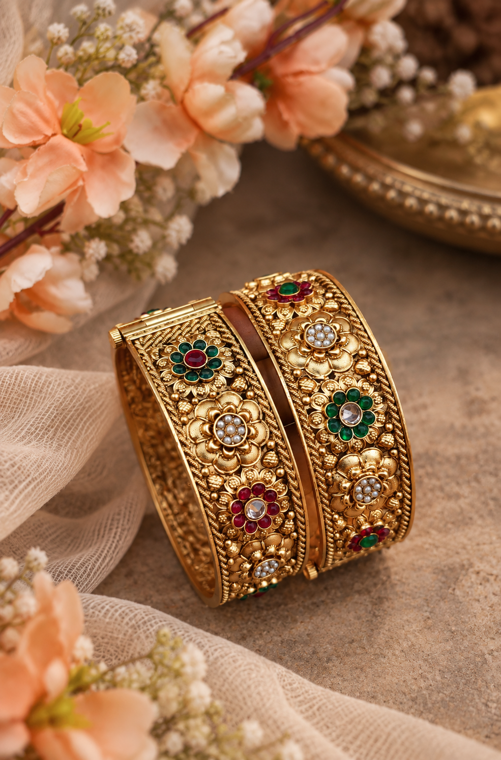 Krisha matte gold kadas with colourful stone detailing